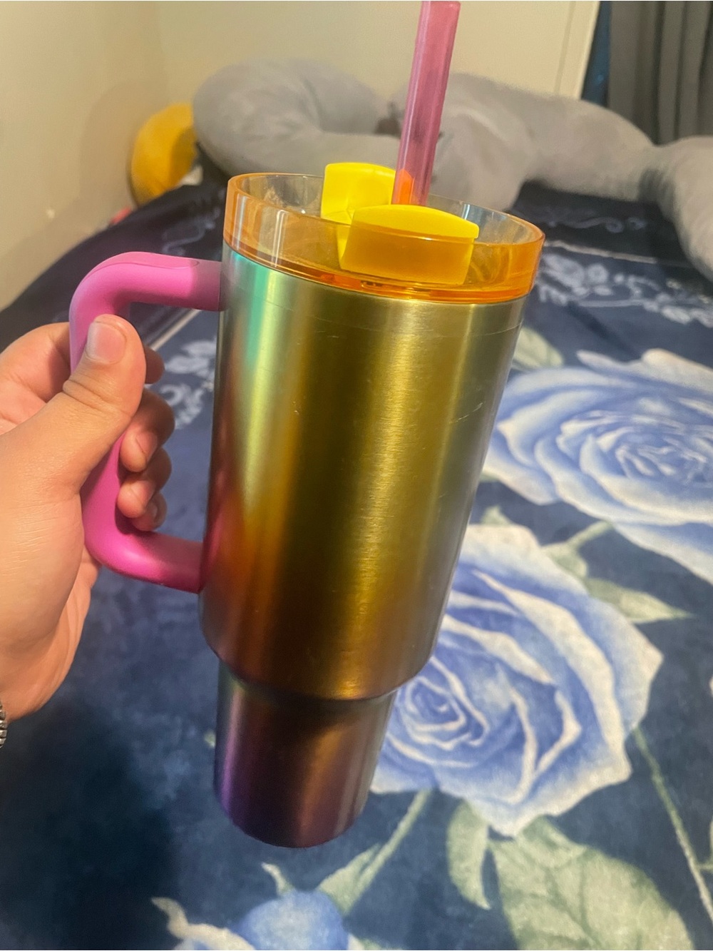 Stanley Iridescent Stainless Steel Travel Mug with Pink Handle and Yellow Lid